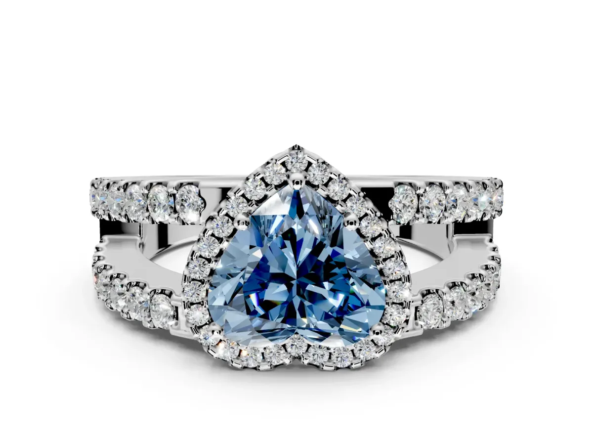 Halo Engagement Ring Setting for Fancy Blue Heart-Shaped Center with Wide-Open Pave Split Shank and Prong Head in Sterling Silver