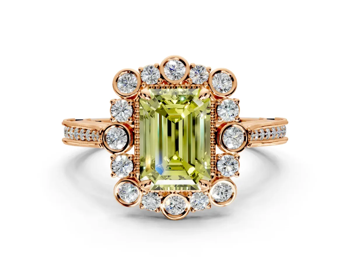 Milgrain Halo Engagement Ring Setting for Fancy Yellow Emerald Cut Center with Bezel Point Accents and Prong Head in Rose Gold