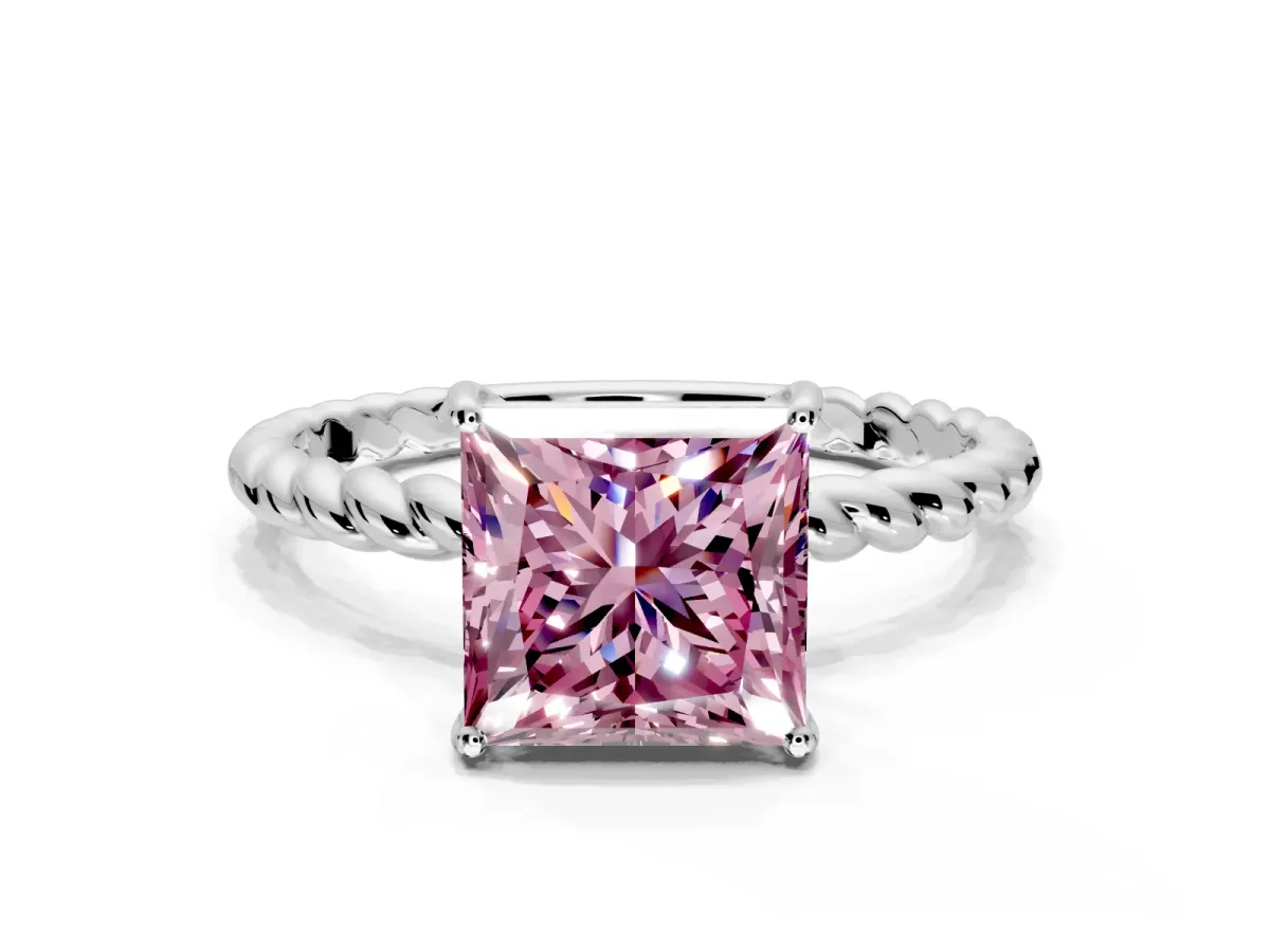 Solitaire Engagement Ring Setting for Fancy Pink Princess Cut Center with Plain Twisted Rope Band and Prong Head in Sterling Silver