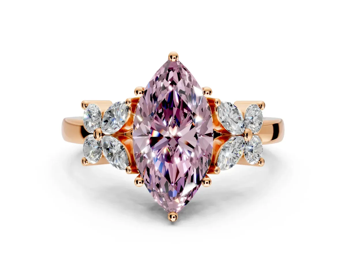 Floral Engagement Ring Setting for Fancy Pink Marquise Center with Marquise Cluster Shoulders and Prong Head in Rose Gold