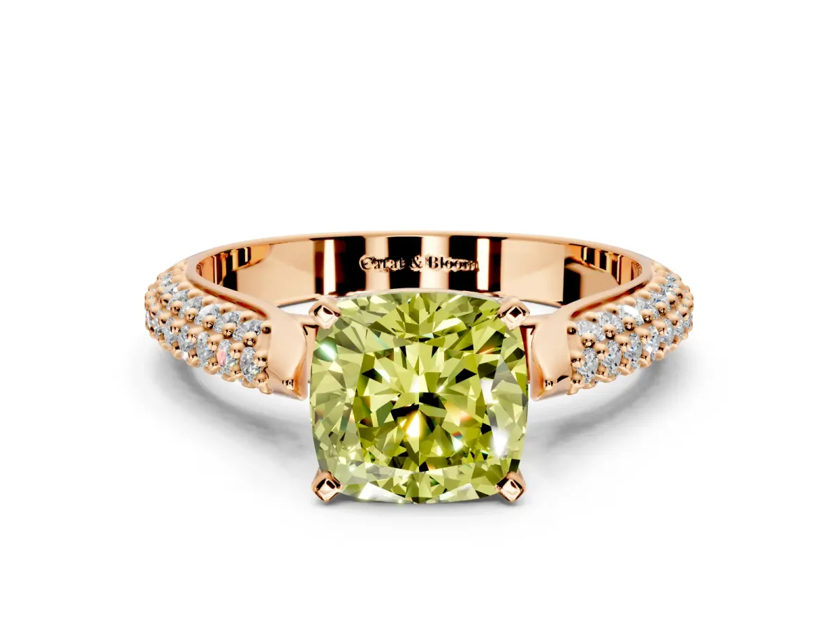 Solitaire Engagement Ring Setting for Fancy Yellow Cushion Cut Center with Multi-Row Accents and Prong Head in Rose Gold