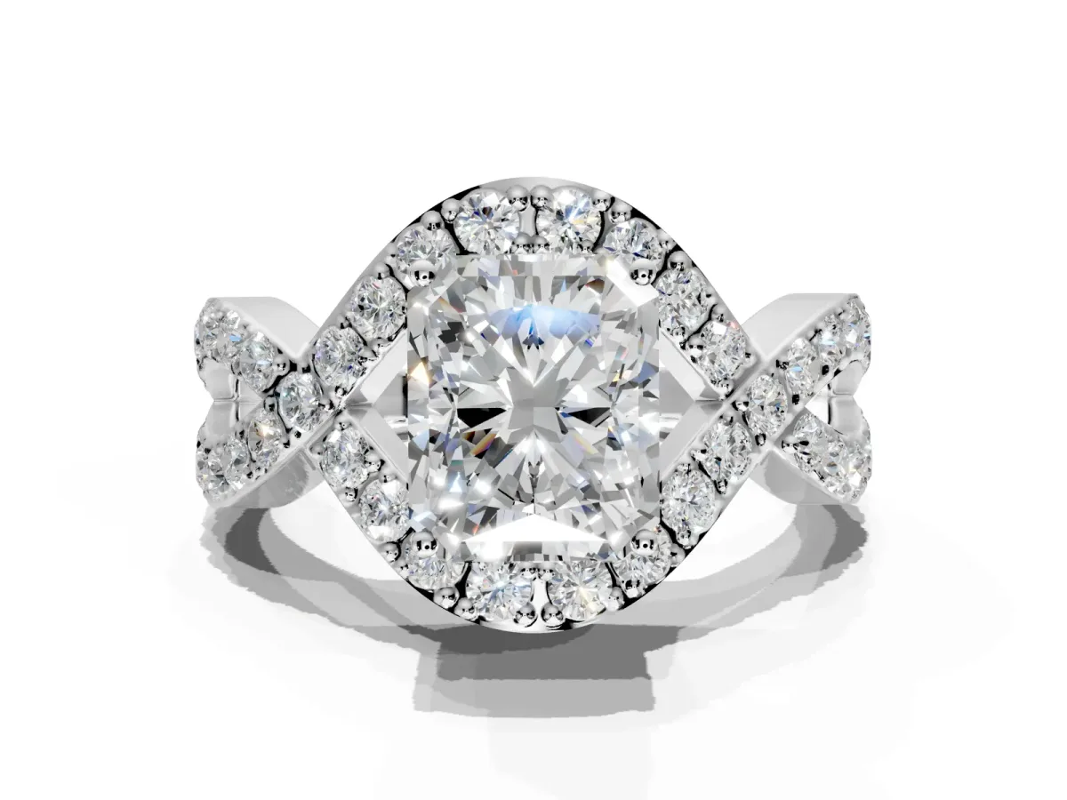 Halo Engagement Ring Setting for Radiant Cut Center with Pave Infinity Twist Band and Prong Head in Platinum
