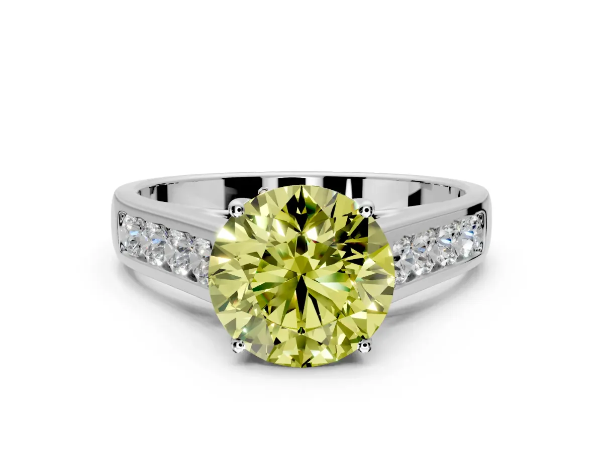 Solitaire Engagement Ring Setting for Fancy Yellow Round Cut Center with Cathedral Channel Band and Prong Head in Platinum
