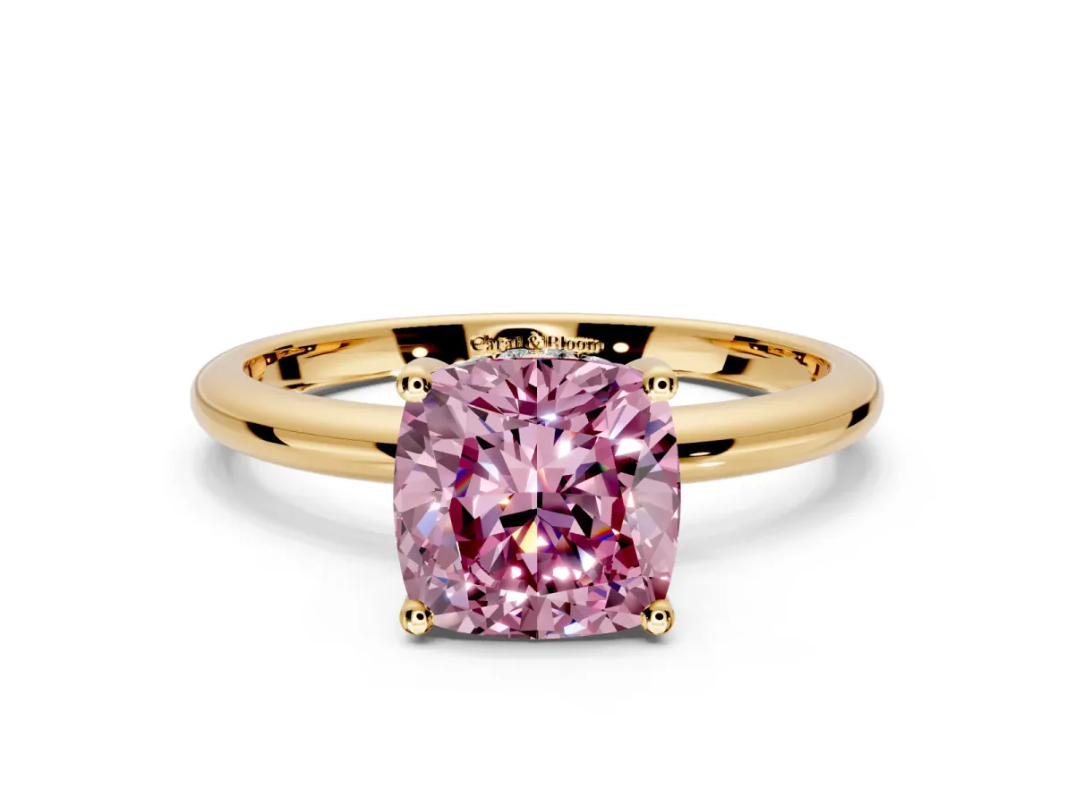 Hidden Halo Engagement Ring Setting for Fancy Pink Cushion Cut Center with Thin Round-Wire Band and Prong Head in Yellow Gold