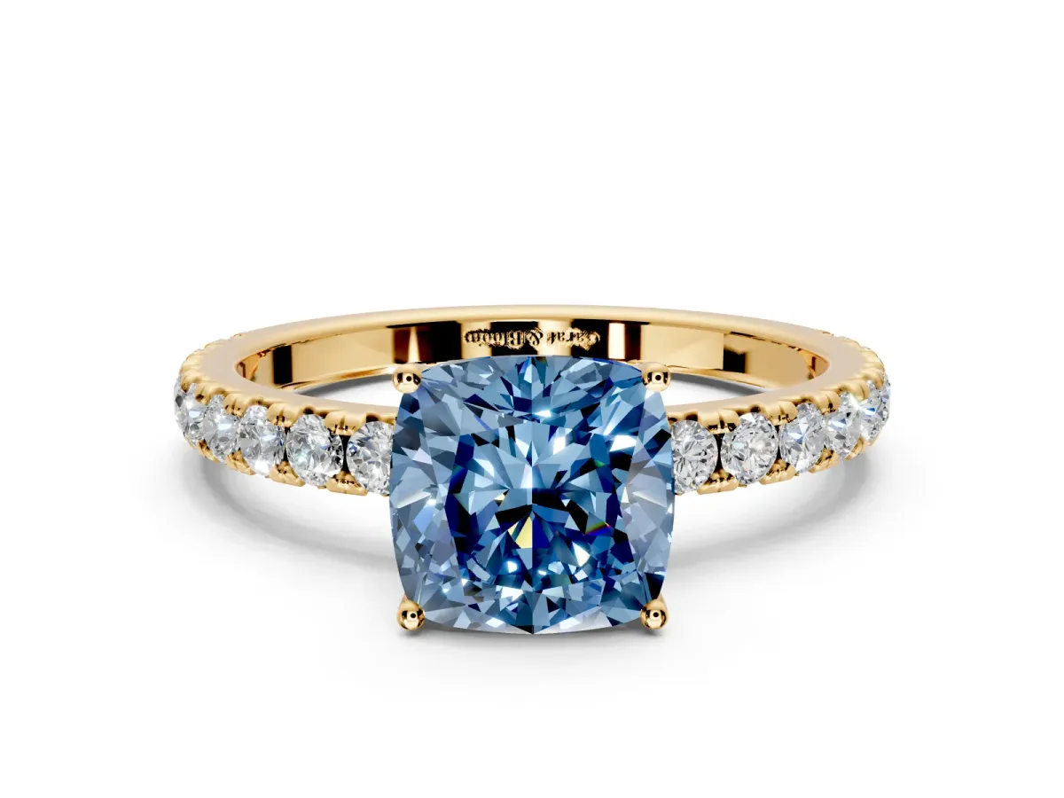 Solitaire Engagement Ring Setting for Fancy Blue Cushion Cut Center with Large Accent Band and Prong Head in Yellow Gold