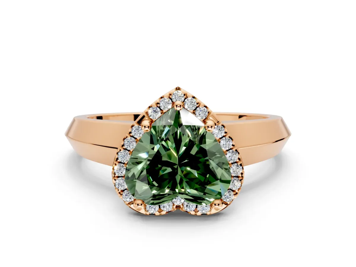 Halo Engagement Ring Setting for Fancy Green Heart-Shaped Center with Knife Ridge Cathedral Band and Prong Head in Rose Gold
