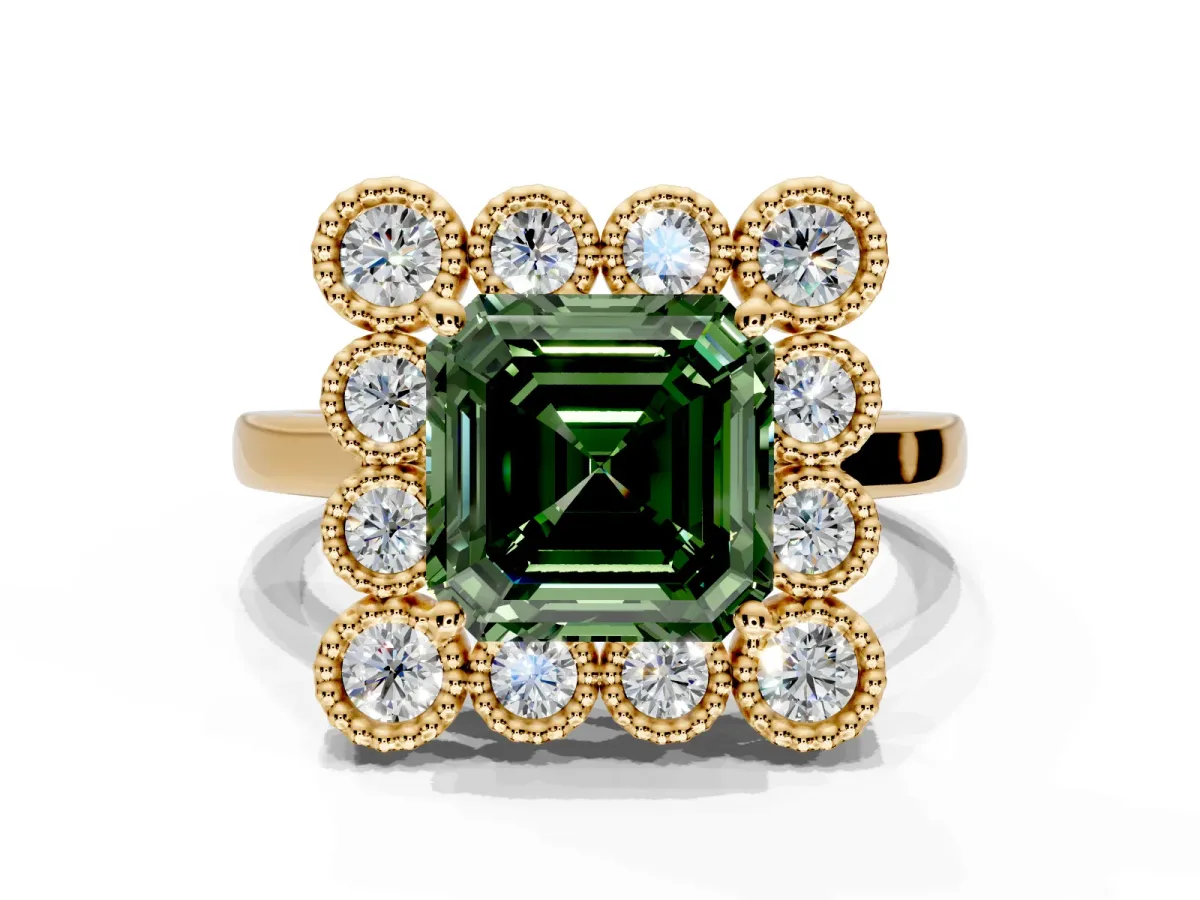 Cluster Halo Engagement Ring Setting for Fancy Green Asscher Cut Center with Milgrain Bezel Accents and Prong Head in Yellow Gold