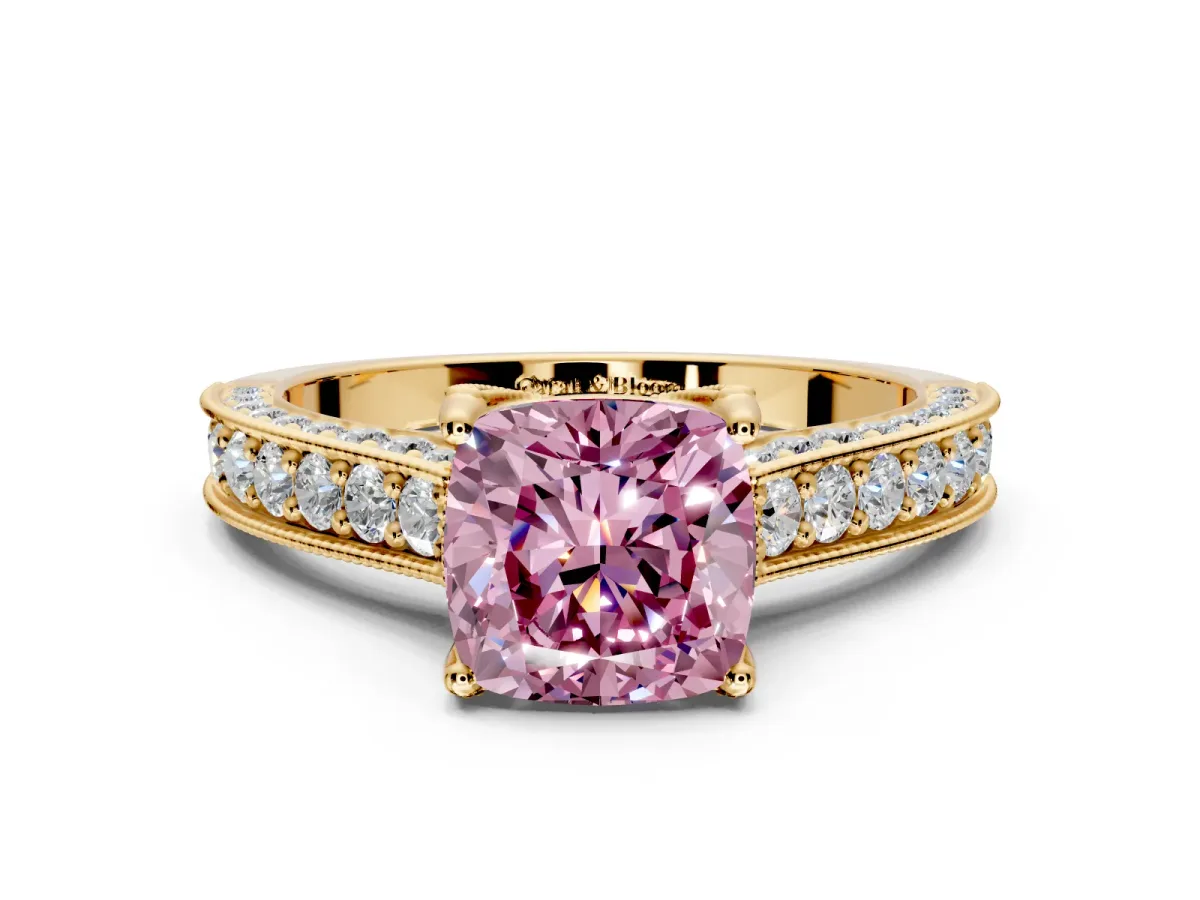 Solitaire Engagement Ring Setting for Fancy Pink Cushion Cut Center with Milgrain-Framed Pave Band and Prong Head in Yellow Gold