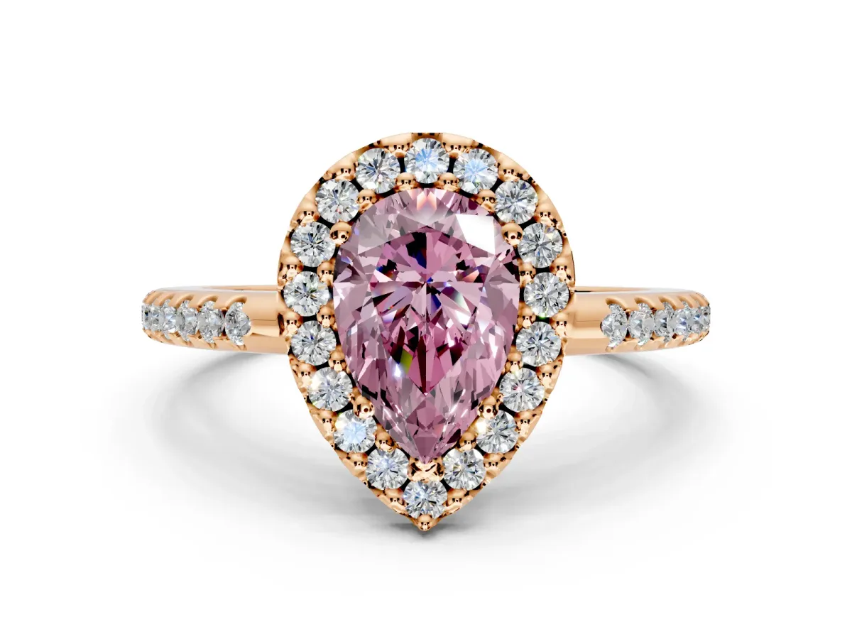 Pave Halo Engagement Ring Setting for Fancy Pink Pear-Shaped Center with Single Row Pave Band and Prong Head in Rose Gold