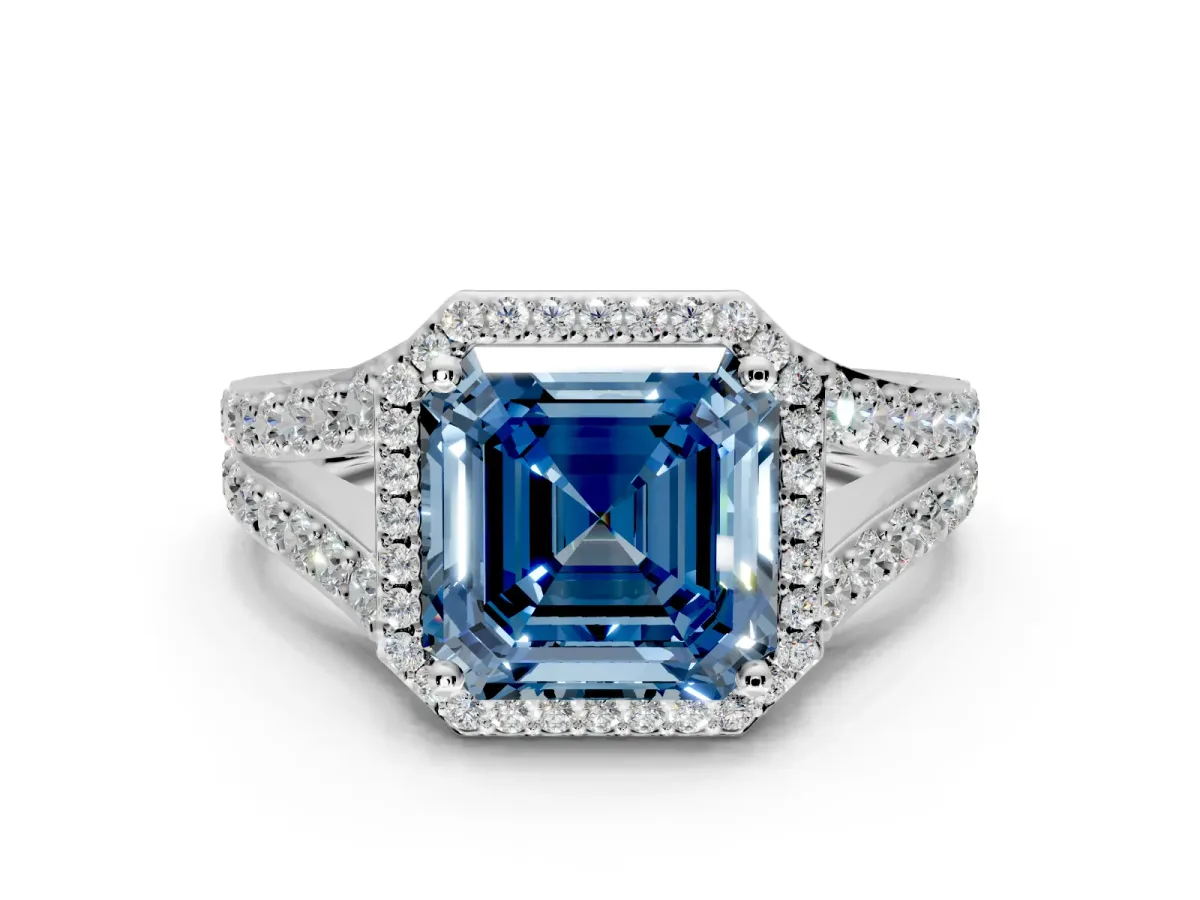 Halo Engagement Ring Setting for Fancy Blue Asscher Cut Center with Narrow Pave Split Shank and Prong Head in Platinum
