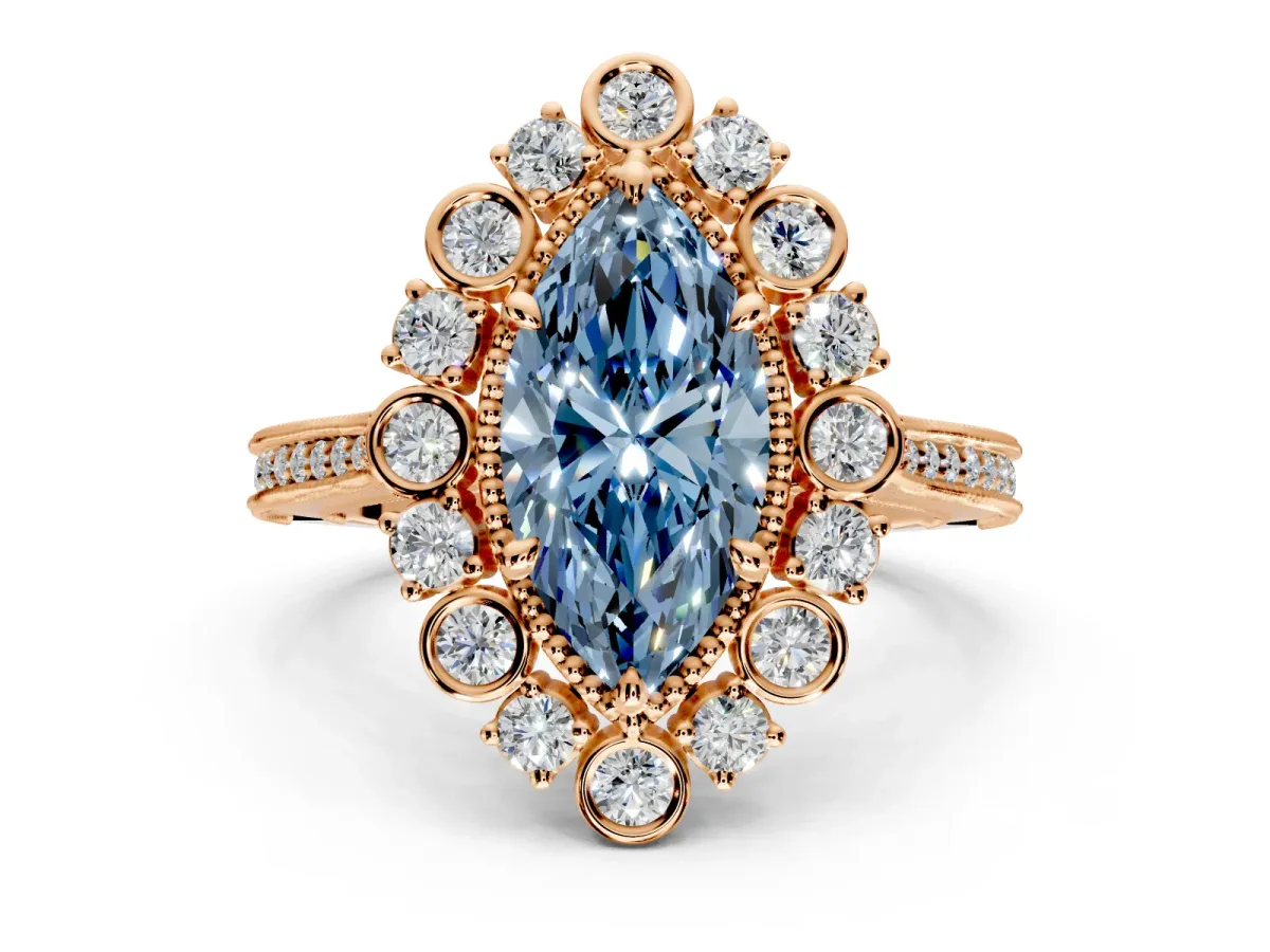 Milgrain Halo Engagement Ring Setting for Fancy Blue Marquise Center with Bezel Point Accents and Prong Head in Rose Gold