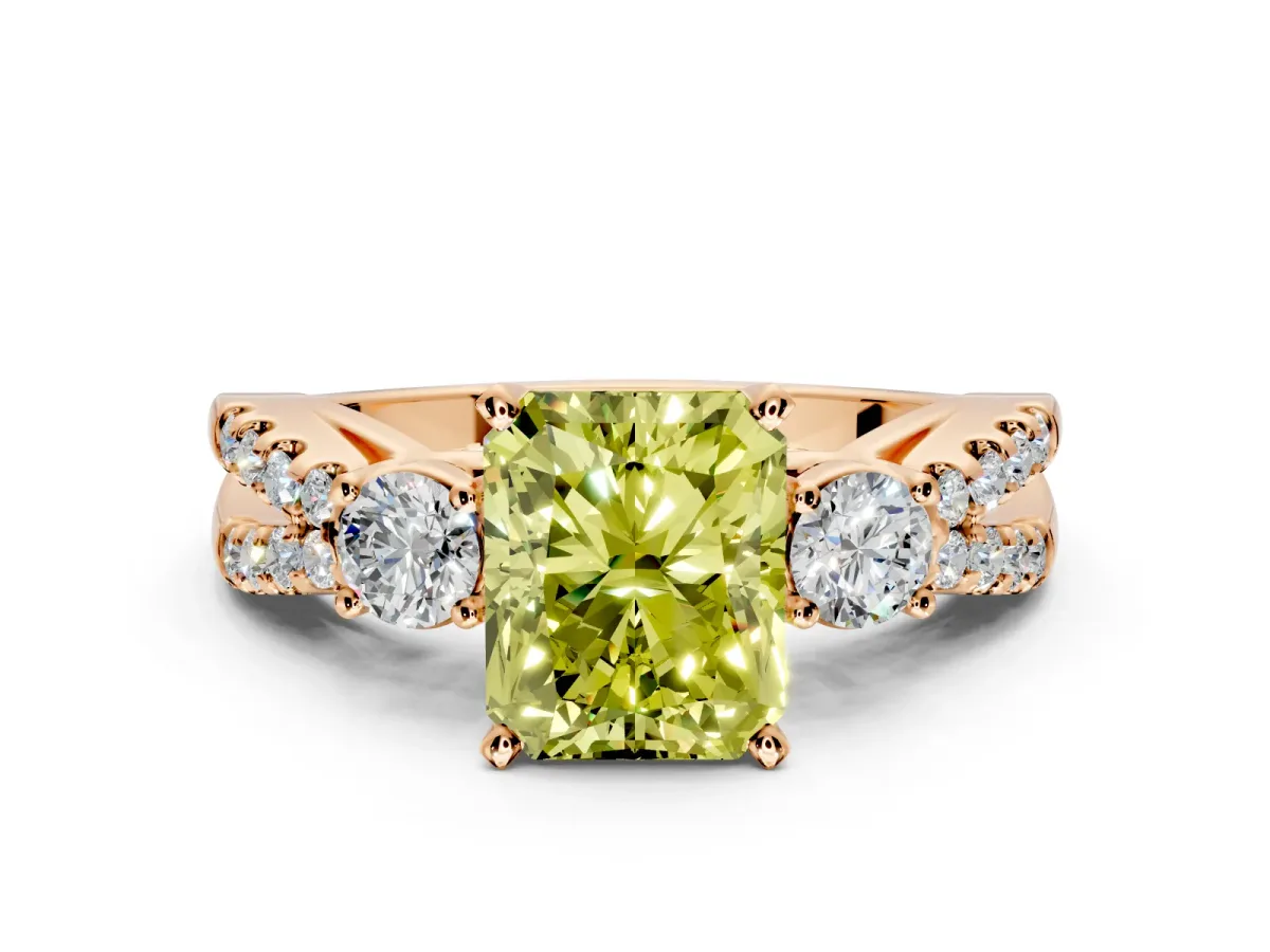 3 Stone Engagement Ring Setting for Fancy Yellow Radiant Cut Center with Pave Split Shank and Prong Head in Rose Gold