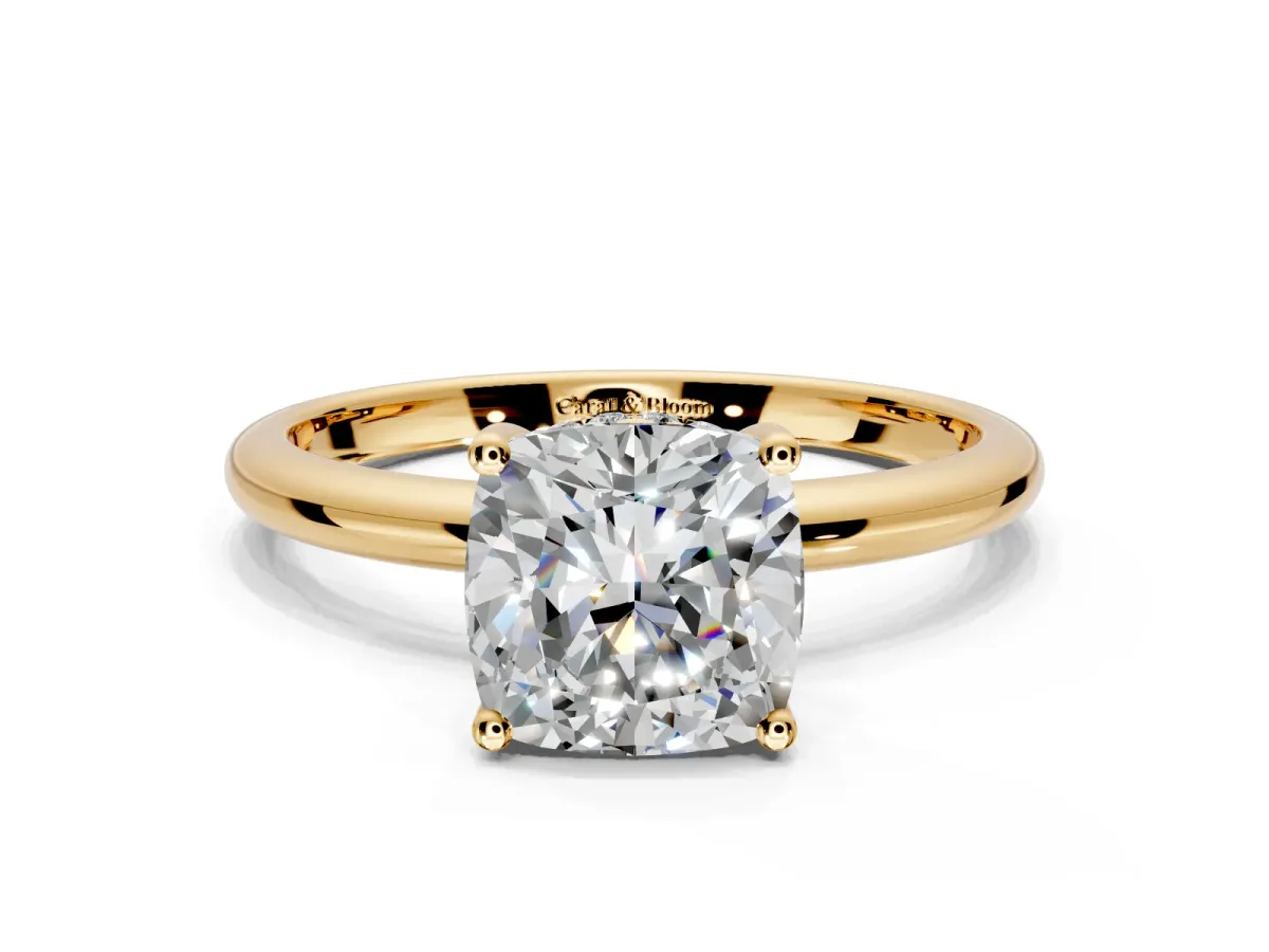 Hidden Halo Engagement Ring Setting for Cushion Cut Center with Thin Round-Wire Band and Prong Head in Yellow Gold
