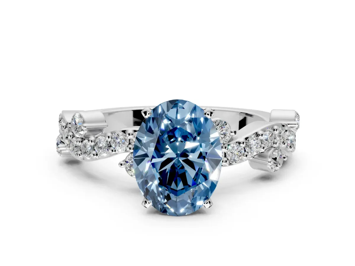 Solitaire Engagement Ring Setting for Fancy Blue Oval Center with Bar-Station Pave Twist and Prong Head in Platinum