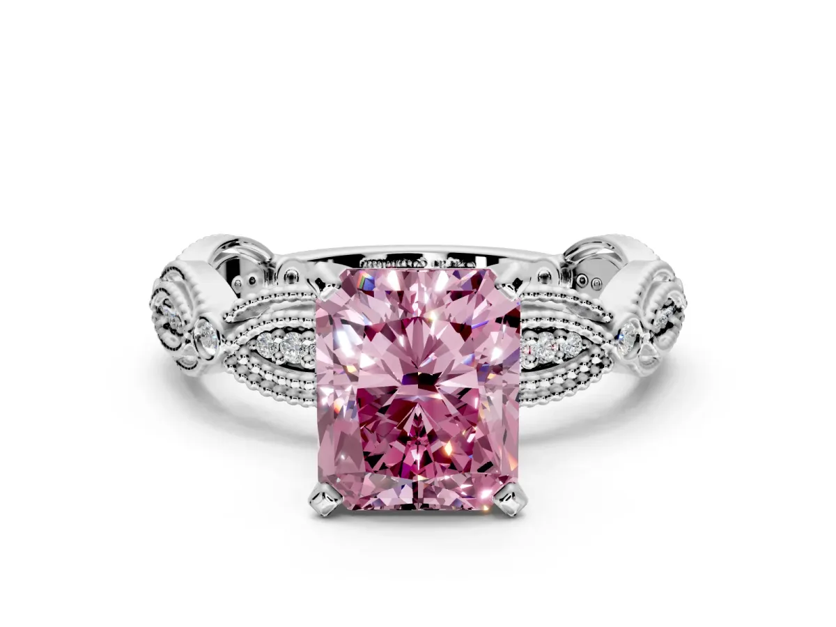 Solitaire Engagement Ring Setting for Fancy Pink Radiant Cut Center with Marquise Panel Band and Prong Head in Sterling Silver