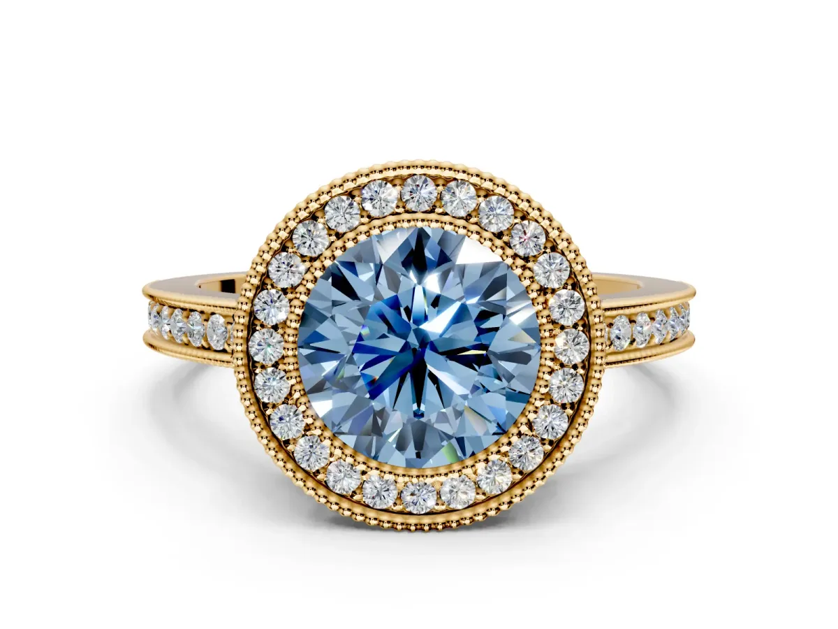 Halo Engagement Ring Setting for Fancy Blue Round Cut Center with Milgrain Halo, Pave Band and Prong Head in Yellow Gold
