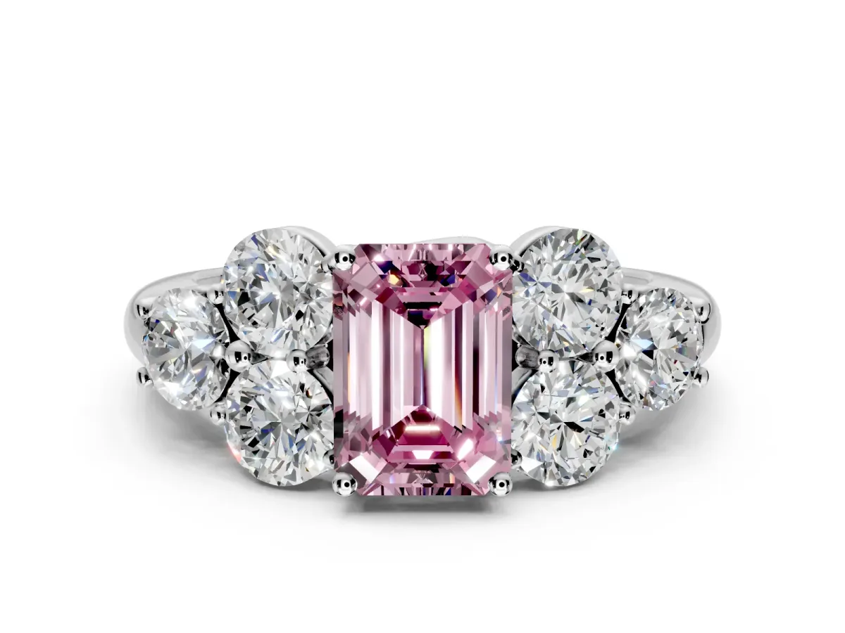 Cluster Engagement Ring Setting for Fancy Pink Emerald Cut Center with Round Cut Accent Frame and Prong Head in Platinum