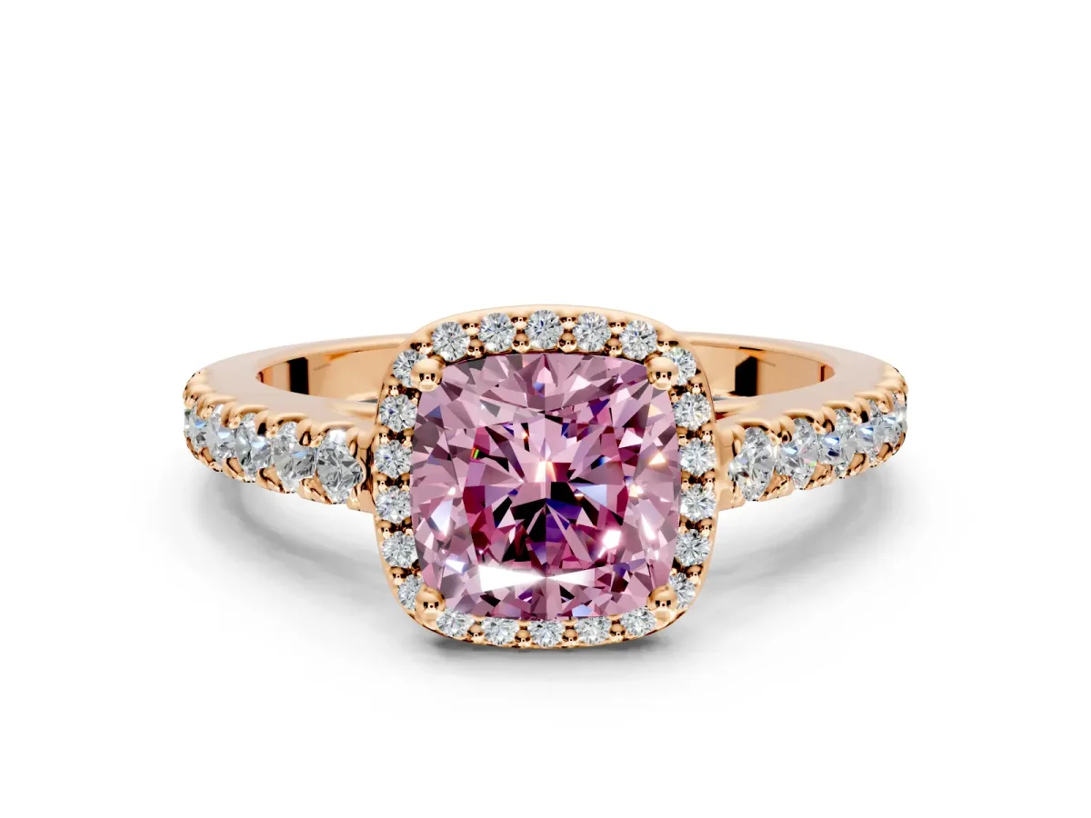 Halo Engagement Ring Setting for Fancy Pink Cushion Cut Center with Full Pave Band and Prong Head in Rose Gold