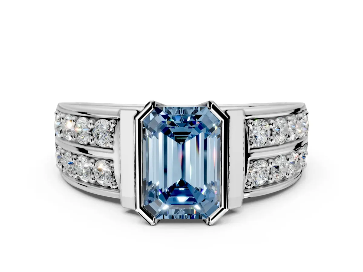 Bezel Engagement Ring Setting for Fancy Blue Emerald Cut Center with Wide Channel-Set Band and Bezel Head in Platinum
