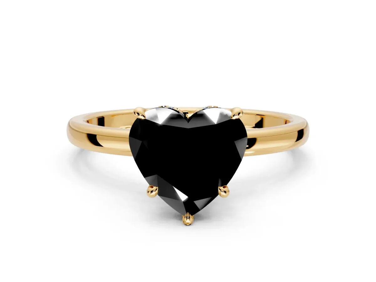 Hidden Halo Engagement Ring Setting for Fancy Black Heart-Shaped Center with Plain Band and Tall Prong Head in Yellow Gold