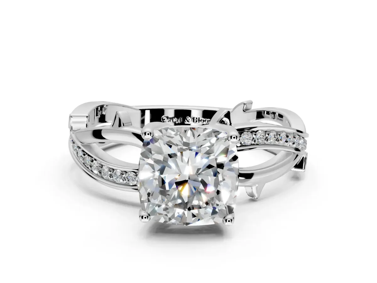 Solitaire Engagement Ring Setting for Cushion Cut Center with Pave and Plain Crossover Band and Prong Head in White Gold
