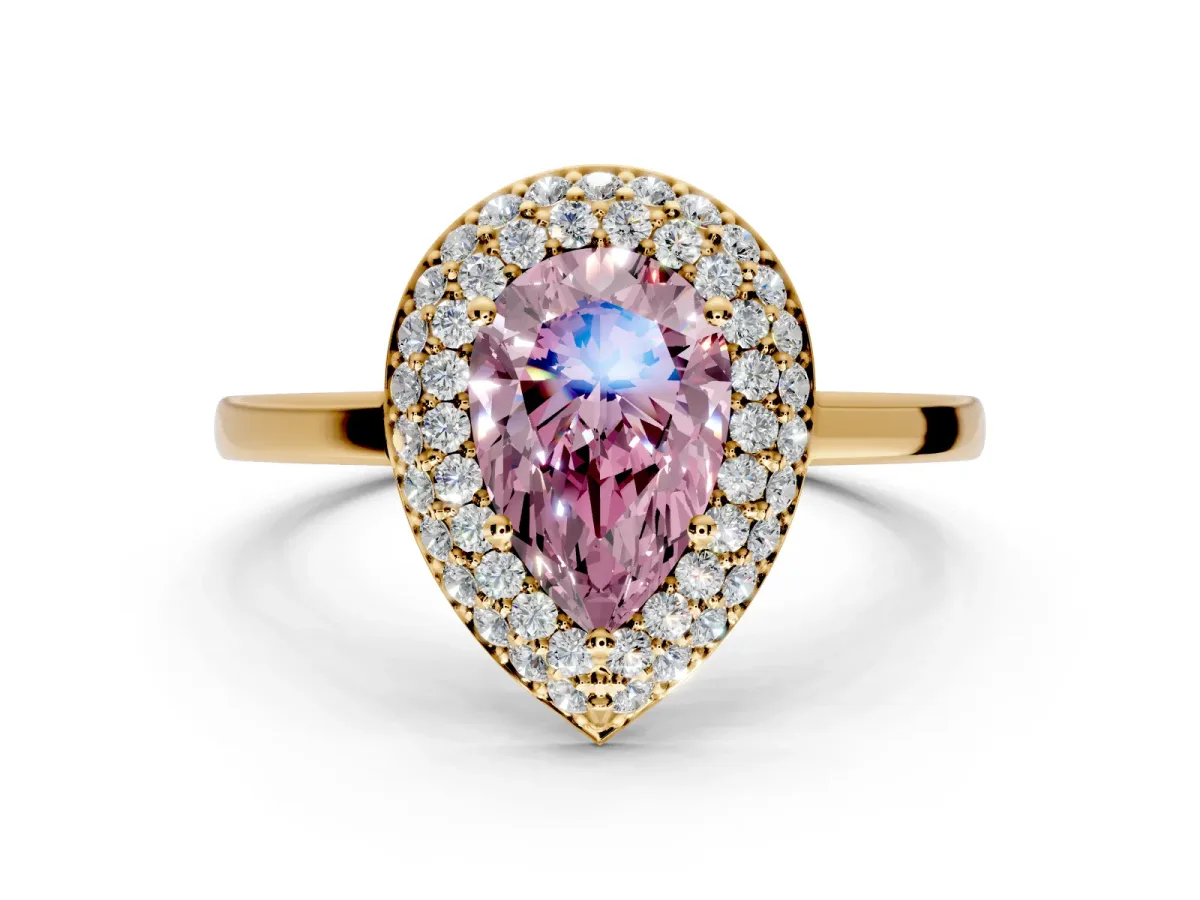 Halo Engagement Ring Setting for Fancy Pink Pear-Shaped Center with Plain Tapered Band and Prong Head in Yellow Gold
