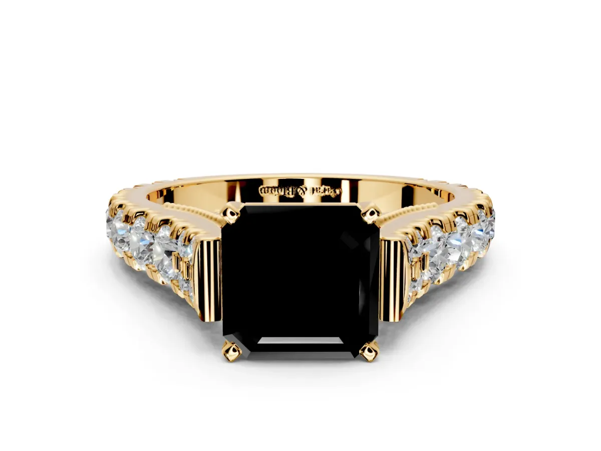 Solitaire Engagement Ring Setting for Fancy Black Asscher Cut Center with Pave Cathedral Shoulders and Prong Head in Yellow Gold