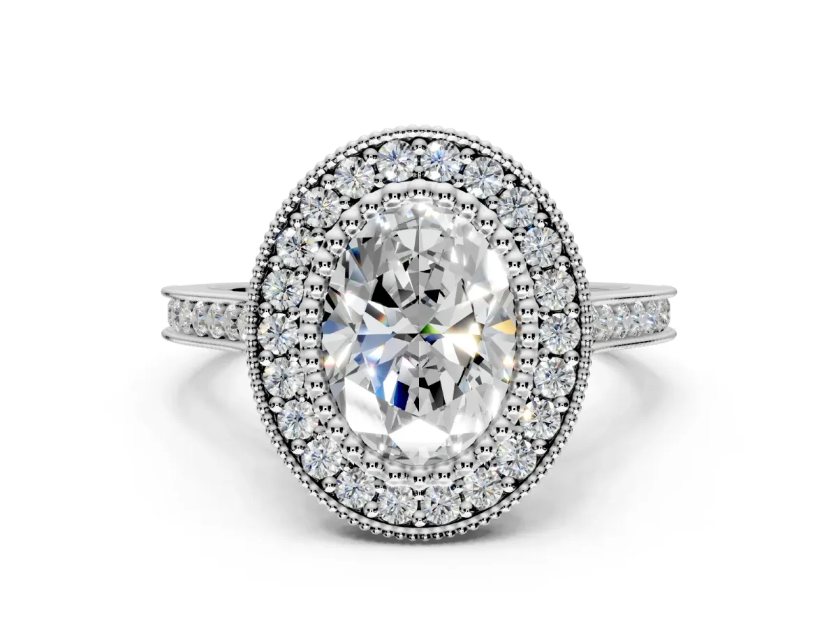 Halo Engagement Ring Setting for Oval Center with Milgrain Frame, Pave Band and Prong Head in White Gold