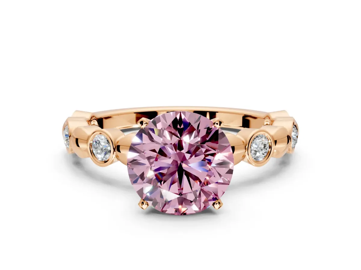 Solitaire Engagement Ring Setting for Fancy Pink Round Cut Center with Beaded Bezel Station Band and Prong Head in Rose Gold