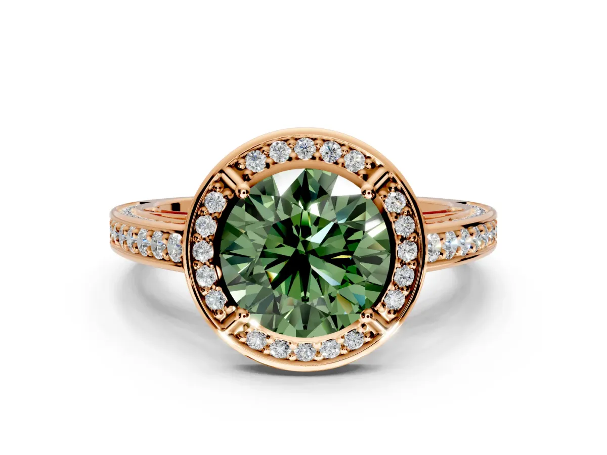 Halo Engagement Ring Setting for Fancy Green Round Cut Center with Framed Halo, Pave Band and Prong Head in Rose Gold
