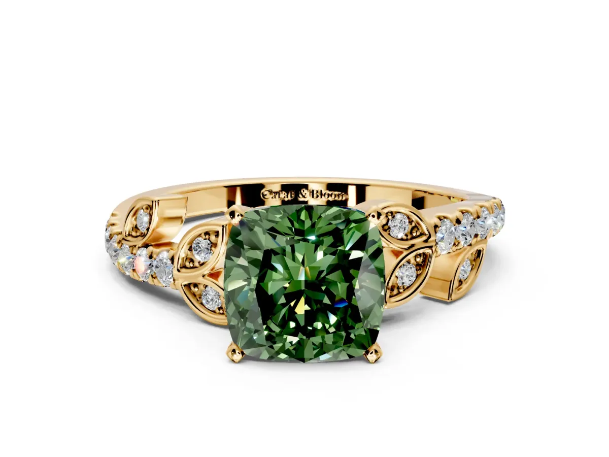 Leaf Motif Engagement Ring Setting for Fancy Green Cushion Cut Center with Pave Band and Prong Head in Yellow Gold
