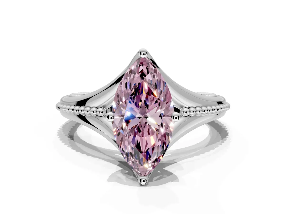 Solitaire Engagement Ring Setting for Fancy Pink Marquise Center with Milgrain Cathedral Band and Prong Head in Platinum
