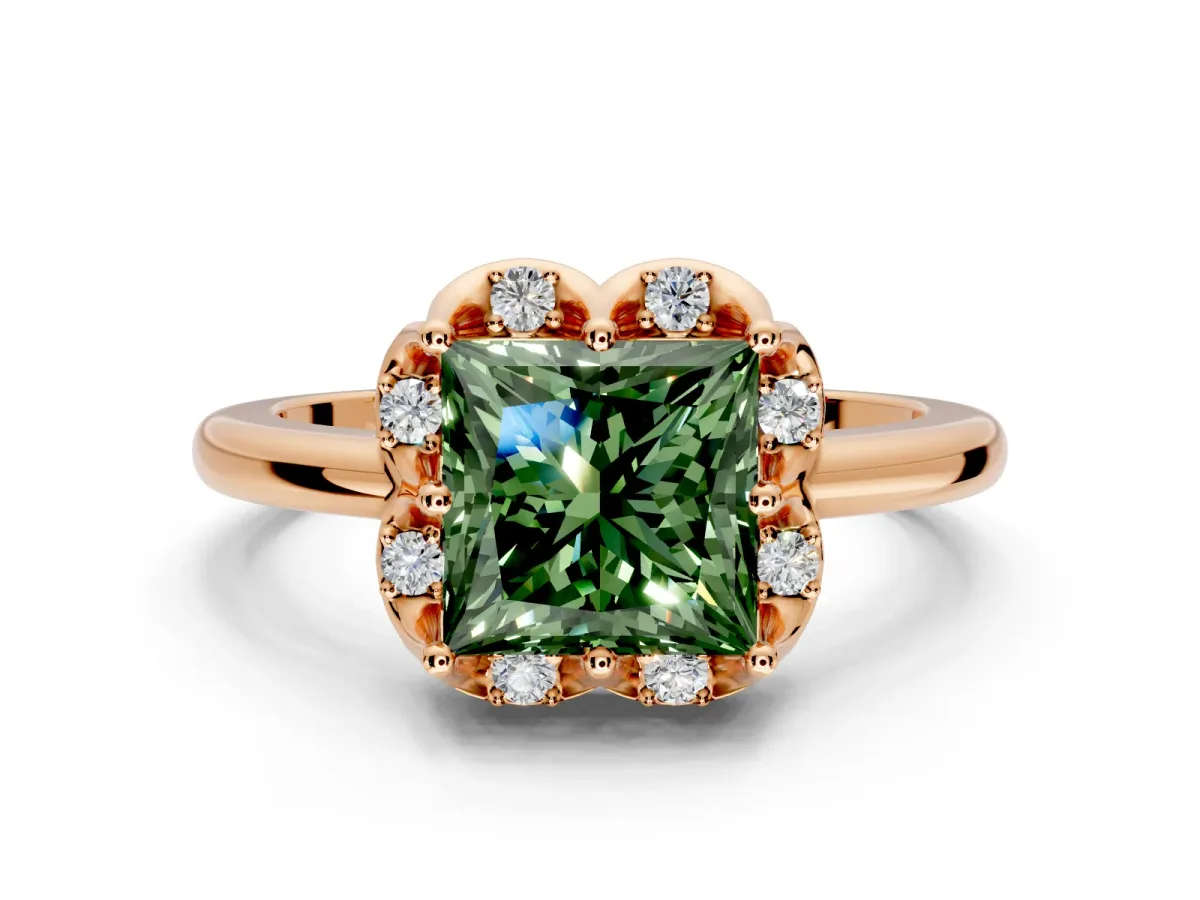 Floral Frame Engagement Ring Setting for Fancy Green Princess Cut Center with Accent Clusters and Prong Head in Rose Gold