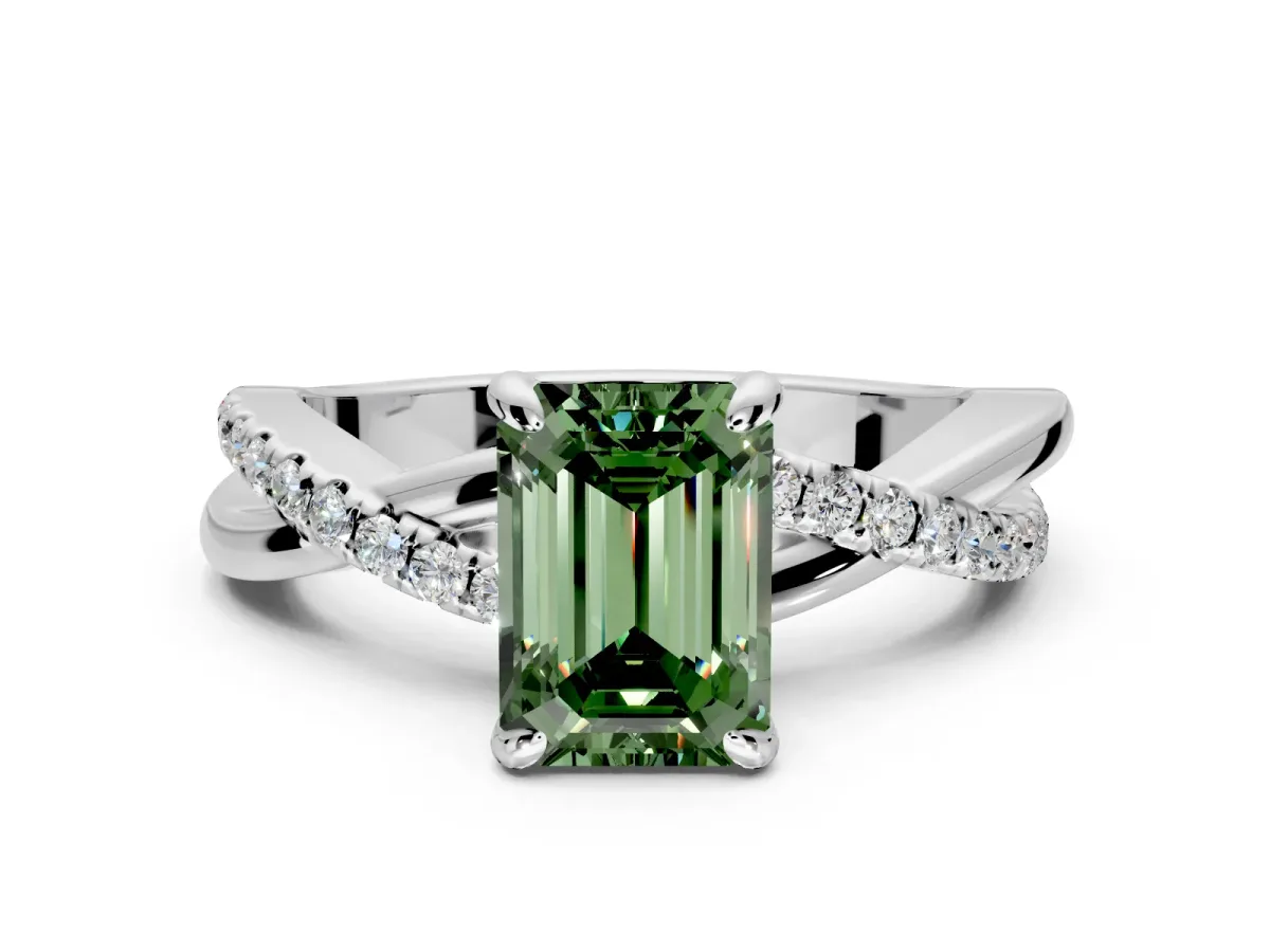Solitaire Engagement Ring Setting for Fancy Green Emerald Cut Center with Half-Pave Crossover Band and Prong Head in Platinum