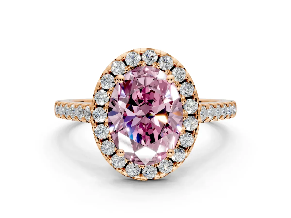 Halo Engagement Ring Setting for Fancy Pink Oval Center with Raised Halo, Pave Band and Prong Head in Rose Gold