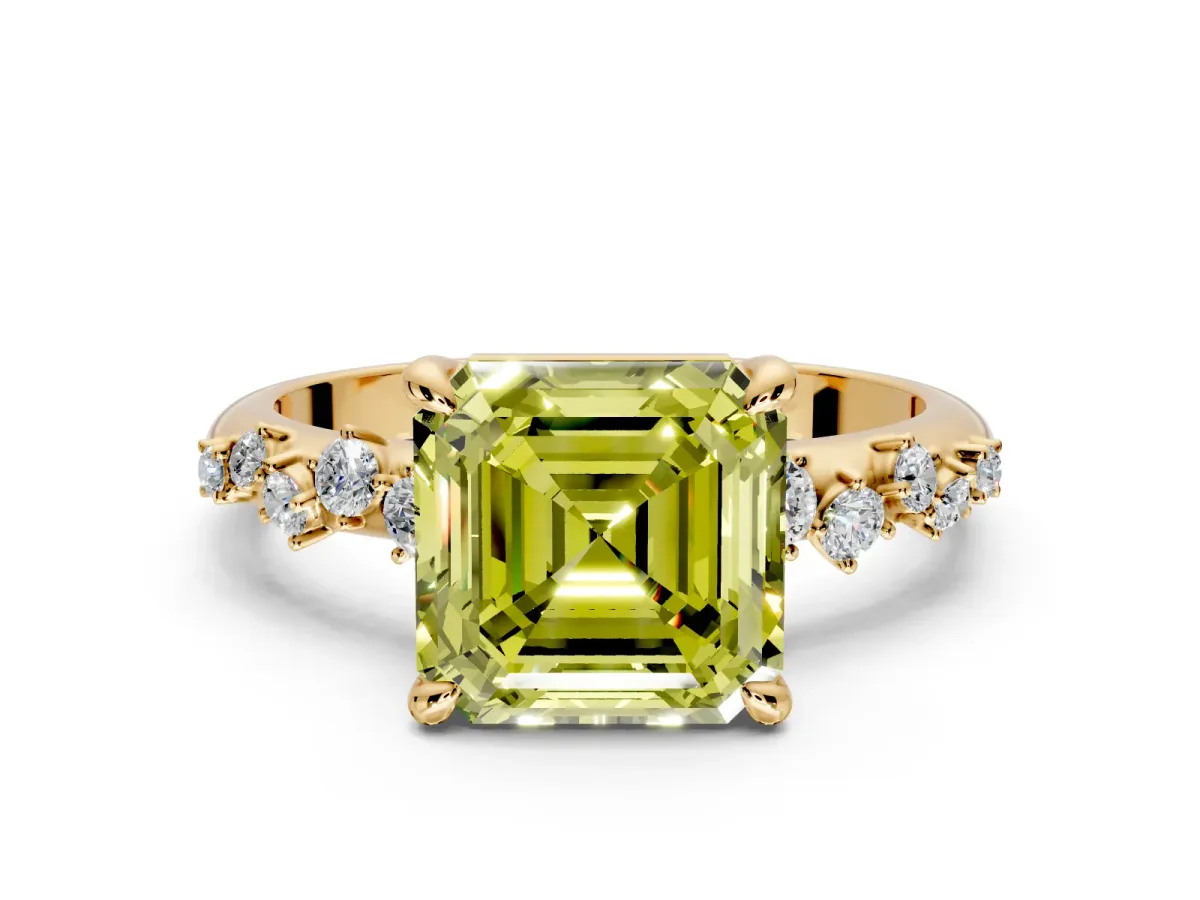 Solitaire Engagement Ring Setting for Fancy Yellow Asscher Cut Center with Trailing Leaf Accent Band and Prong Head in Yellow Gold