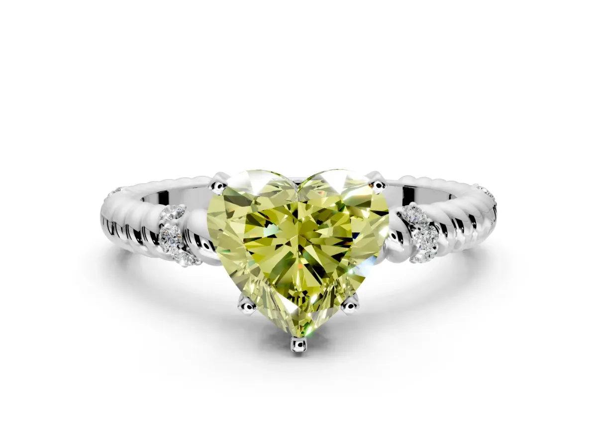 Rope Engagement Ring Setting for Fancy Yellow Heart-Shaped Center with Accent Shoulders and Prong Head in White Gold