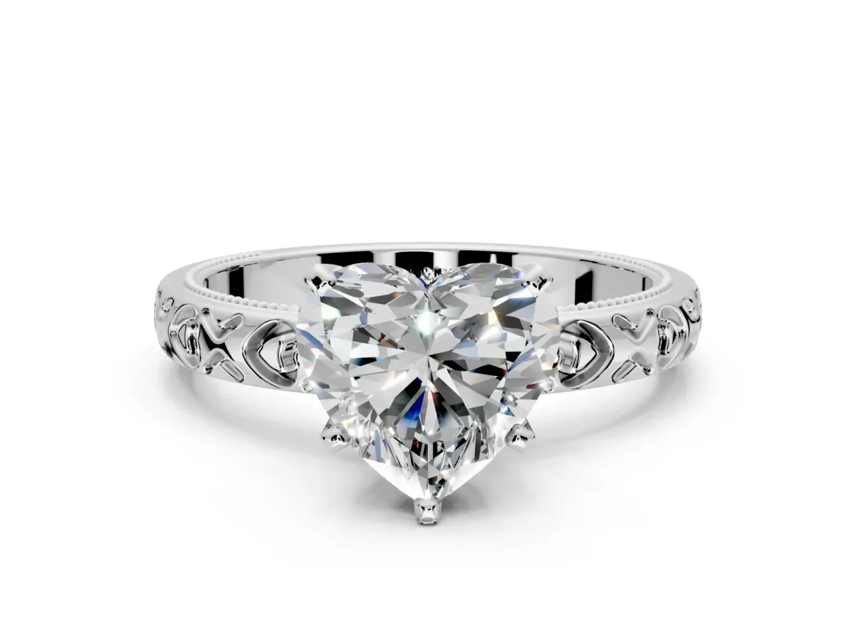 Solitaire Engagement Ring Setting for Heart-Shaped Center with XO Engraved Band and Prong Head in White Gold