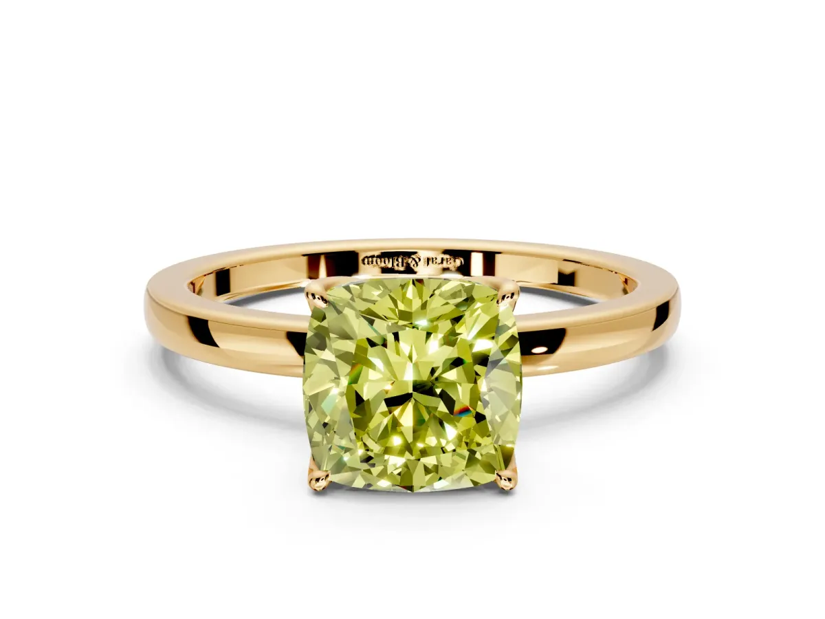 Solitaire Engagement Ring Setting for Fancy Yellow Cushion Cut Center with Thin Rounded Plain Band and Prong Head in Yellow Gold