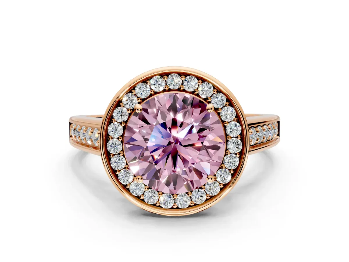 Halo Engagement Ring Setting for Fancy Pink Round Cut Center with Outer Bezel Rim, Pave Band and Prong Head in Rose Gold