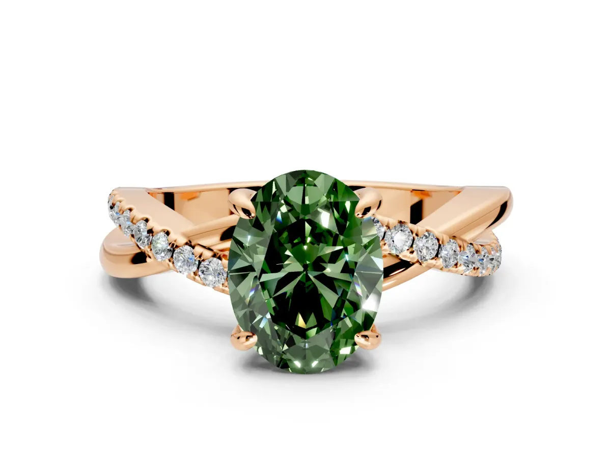 Solitaire Engagement Ring Setting for Fancy Green Oval Center with Half-Pave Crossover Band and Prong Head in Rose Gold