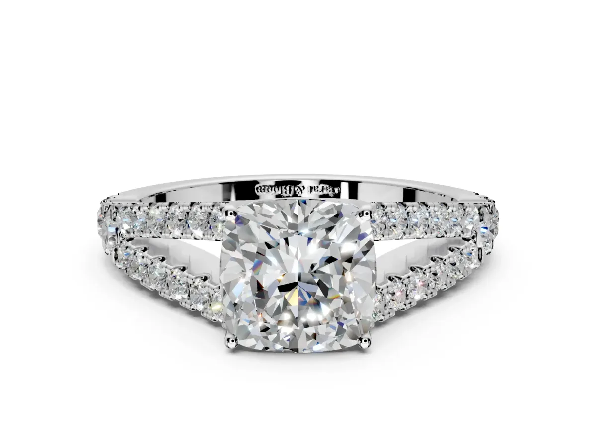Solitaire Engagement Ring Setting for Cushion Cut Center with Pave Split Shank and Prong Head in Platinum