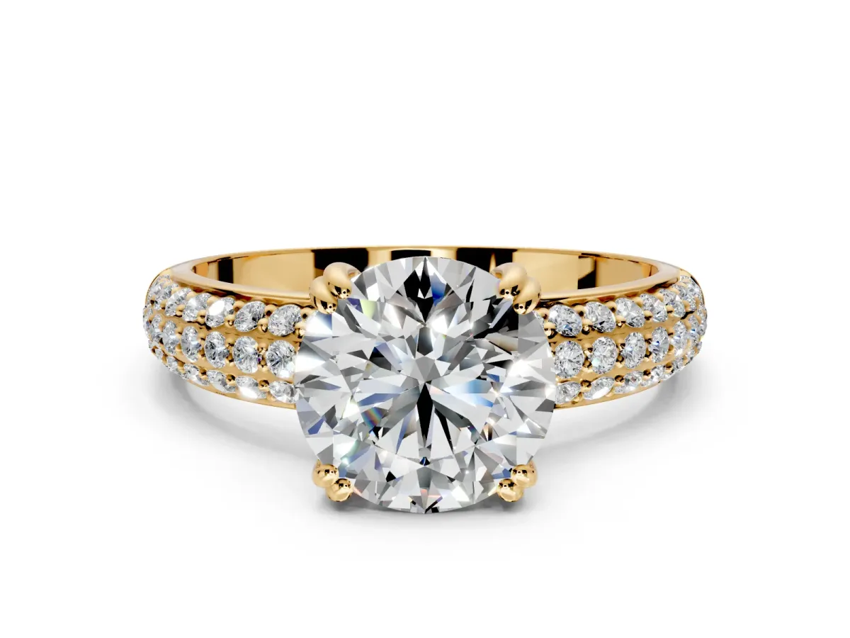 Solitaire Engagement Ring Setting for Round Cut Center with Multi-Row Pave Accents and Basket Head in Yellow Gold
