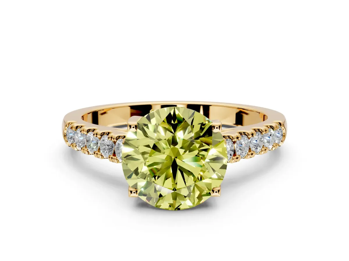 Solitaire Engagement Ring Setting for Fancy Yellow Round Cut Center with Partway Pave Band and Prong Head in Yellow Gold