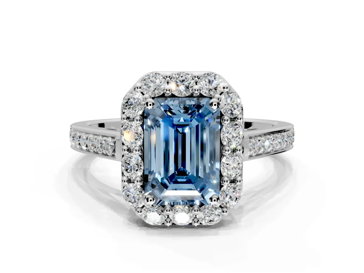 Floral Halo Engagement Ring Setting for Fancy Blue Emerald Cut Center with Large Halo Accents and Prong Head in Platinum