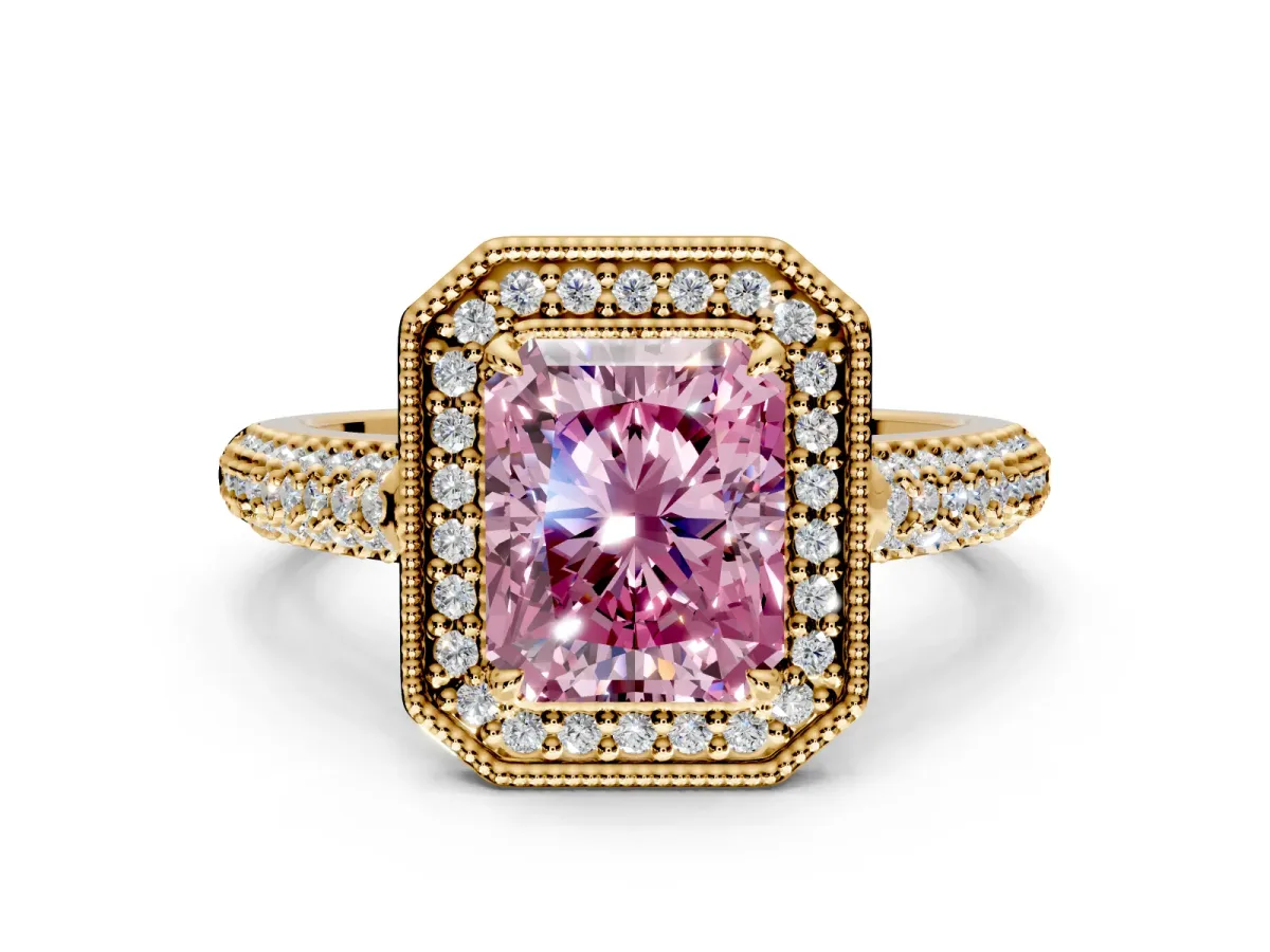 Milgrain Halo Engagement Ring Setting for Fancy Pink Radiant Cut Center with Three-Sided Pave Band and Prong Head in Yellow Gold