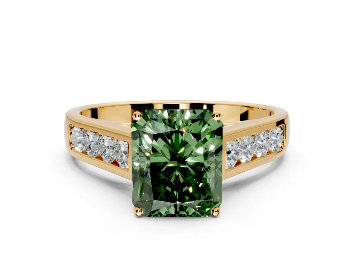 Solitaire Engagement Ring Setting for Fancy Green Radiant Cut Center with Round Cut Channel Band and Prong Head in Yellow Gold