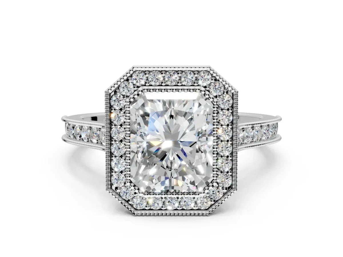 Halo Engagement Ring Setting for Radiant Cut Center with Milgrain Pave Band and Bezel Head in White Gold
