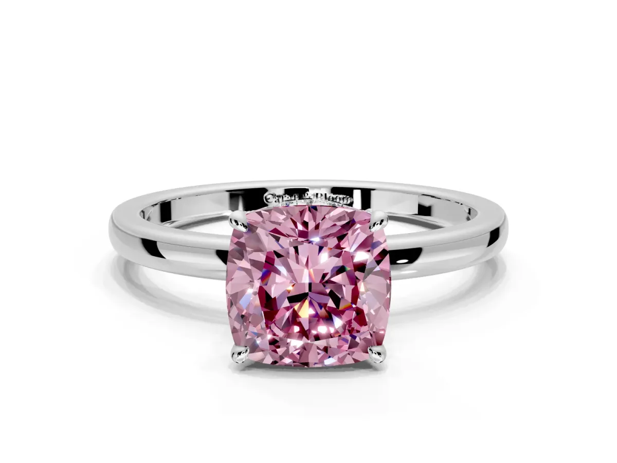 Hidden Halo Engagement Ring Setting for Fancy Pink Cushion Cut Center with Plain Band and Tall Prong Head in Platinum