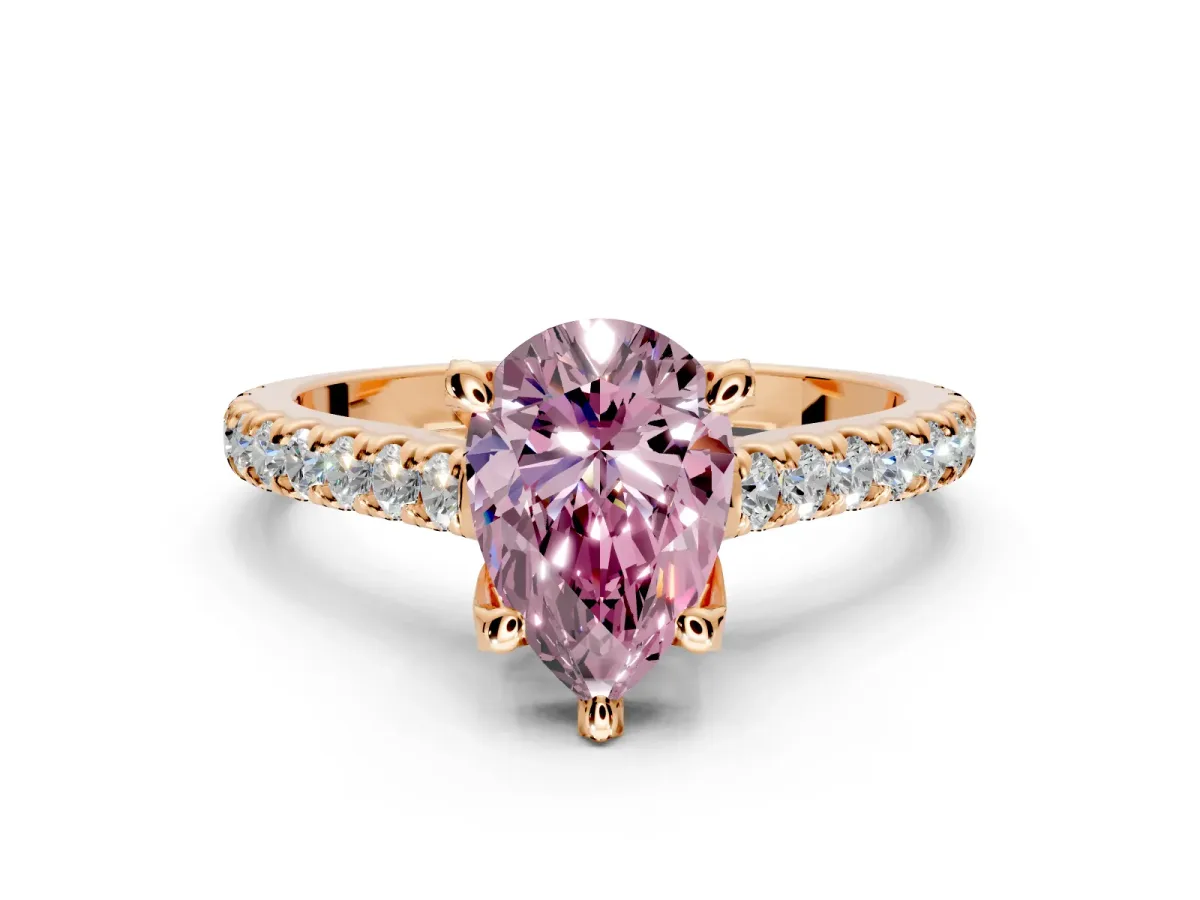 Solitaire Engagement Ring Setting for Fancy Pink Pear-Shaped Center with Widening Pave Band and Claw Prong Head in Rose Gold